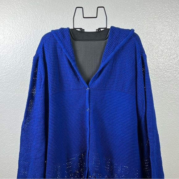 DG2 by Diane Gilman Women's Blue Hooded Organic Cotton Crocheted Cardigan Size 1 - Picture 2 of 12